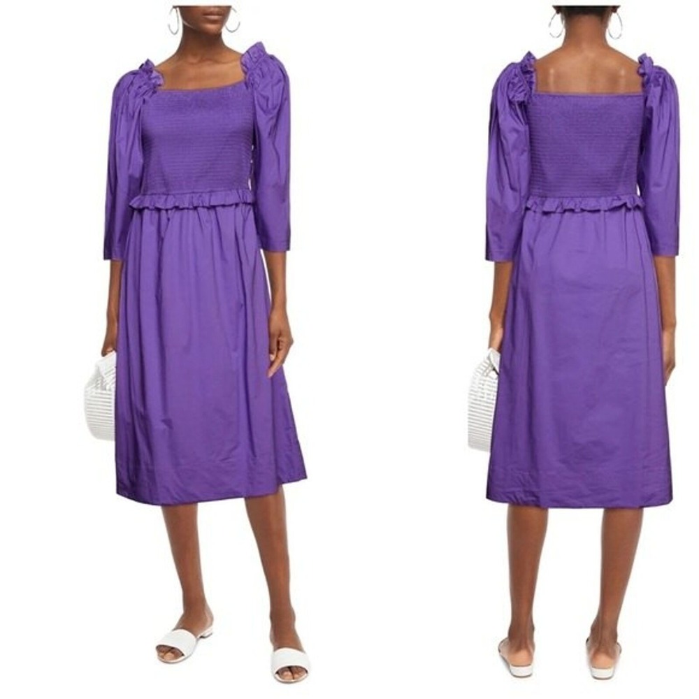 Sea NY Purple Smocked Cotton Midi Dress 8 Puff Sleeve Cottage Femme Spring Event